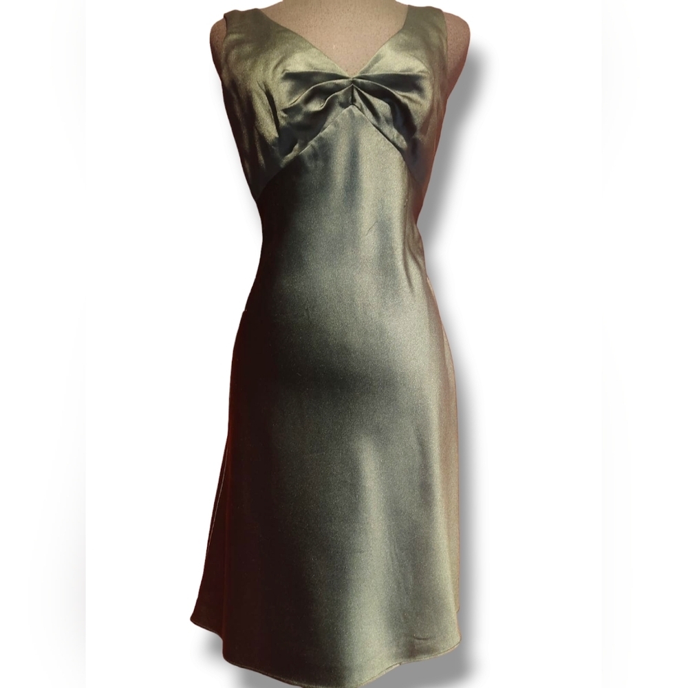 Satin dress with embroidery. Size 10. Plunging Neckline. - Picture 3 of 12